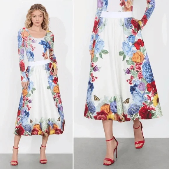 Alice + Olivia Earla Floral Flare Midi Skirt Garden Brunch Size 10 NWT - Picture 12 of 15